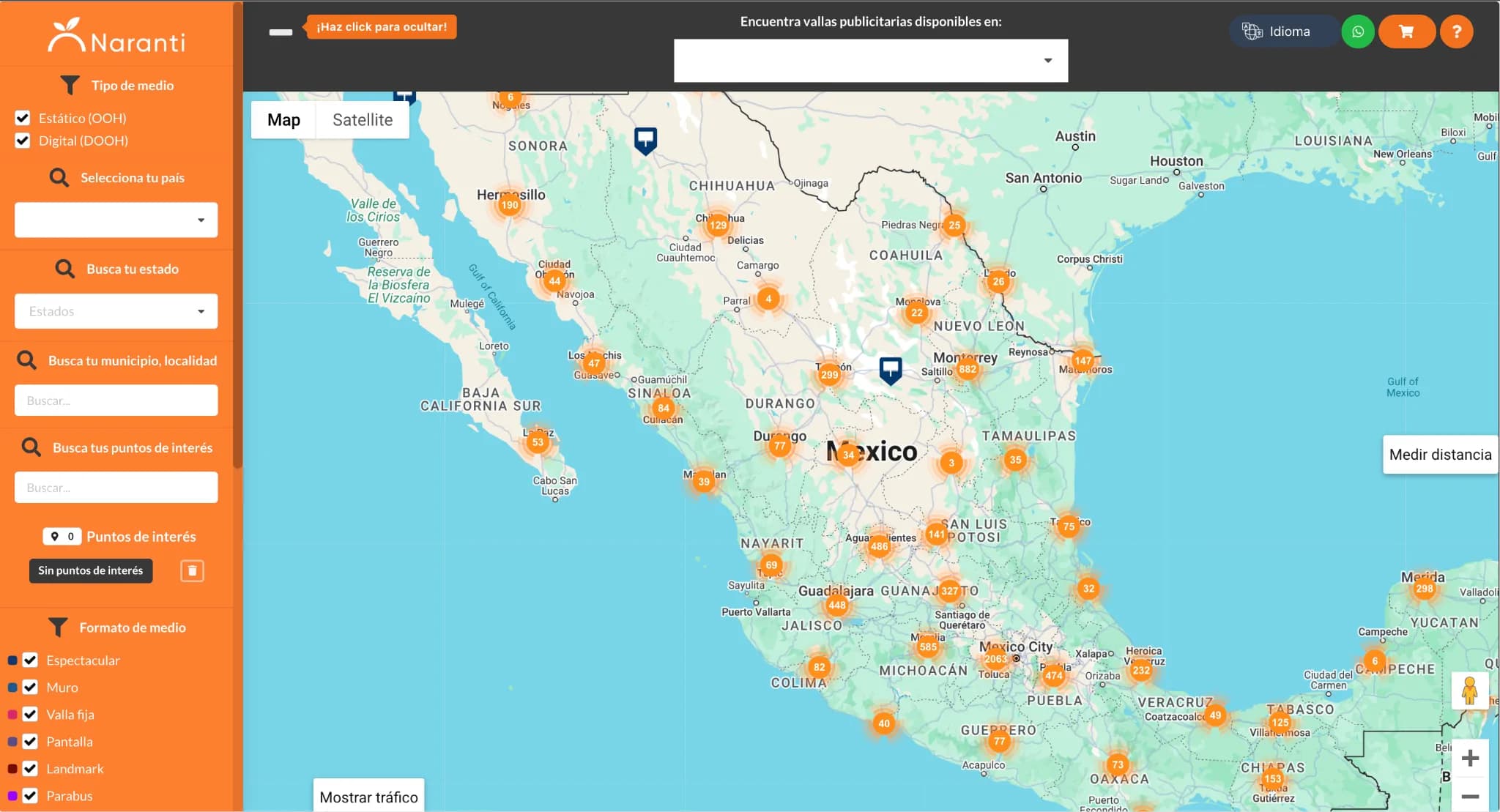 Explora ubicaciones disponibles y solicita tu propuesta de vallas en Guadalajara a través del Mapa Naranti.